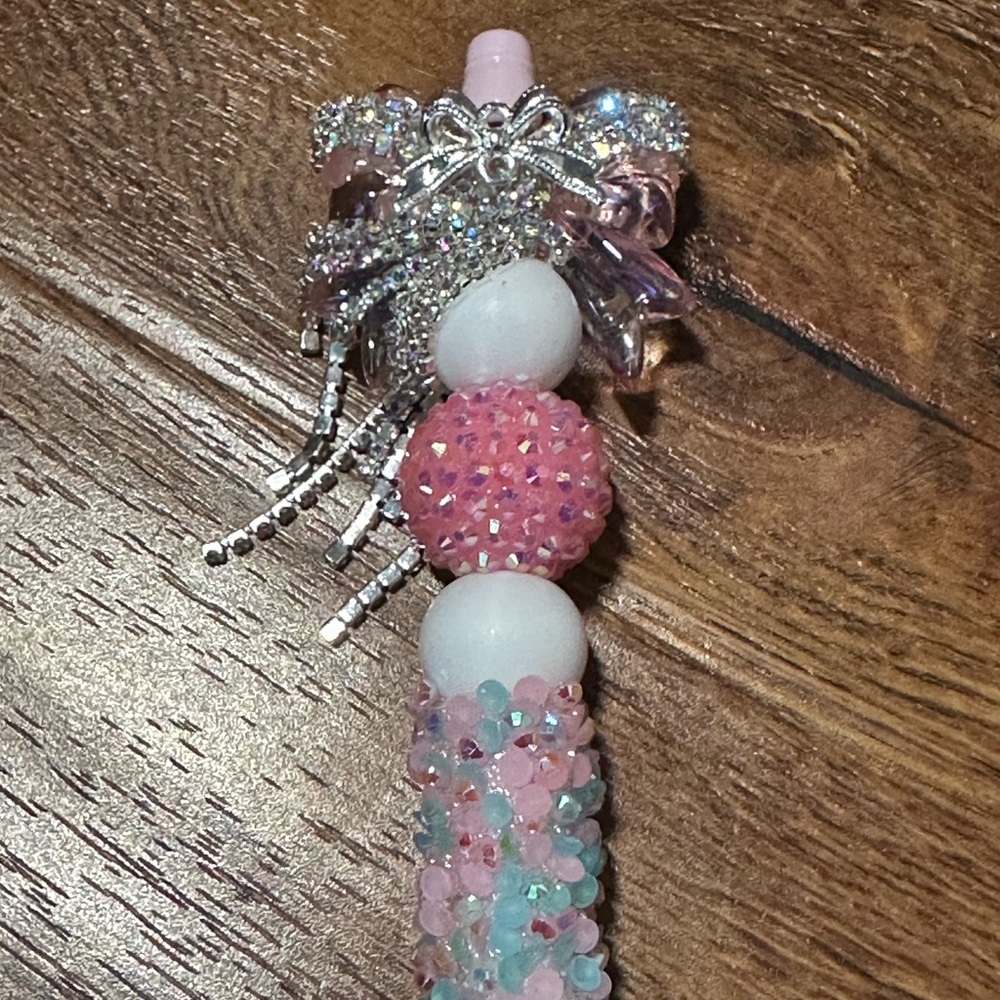 Elegant Beaded Ornament Pen with Pink and White Accents